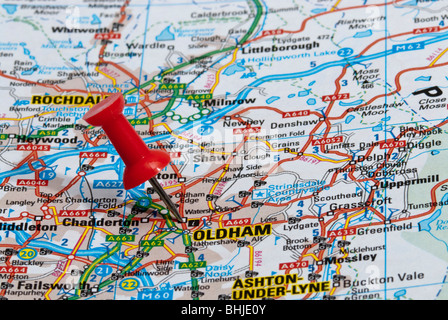 Oldham Town Centre Oldham Lancashire England UK Stock Photo   Red Map Pin In Road Map Pointing To City Of Oldham Bhje0y 