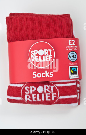 Pair of Fairtrade size 6 to 12 Sport Relief red and white stripe socks Stock Photo