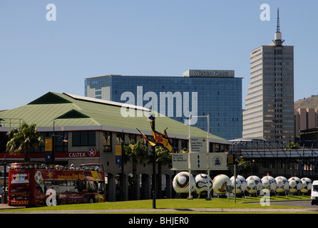 Cape Town South Africa World Cup 2010 venue oversize footballs in the city depicting past World Cup venues Stock Photo