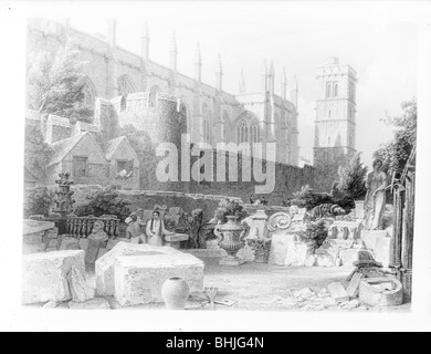 Stonemasons at work in front of the chapel at New College, Oxford, Oxfordshire. Artist: Unknown