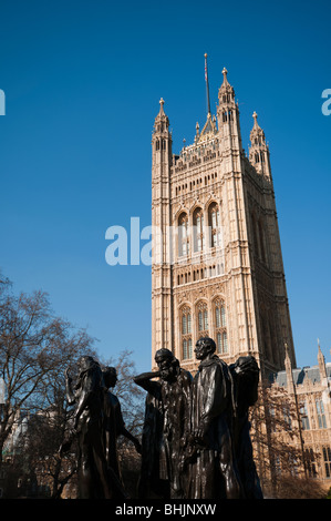 Burghers of Calais and Victoria Tower Stock Photo