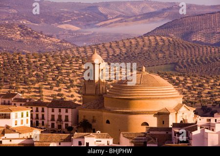 Spain Andalucia montefrio Elevated view of town church and surrounding olive fields in golden morning light Stock Photo