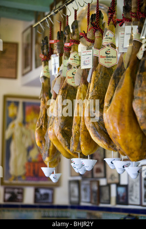 Ham hanging in city bar, Spain, andalucia, Seville Stock Photo