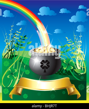 Vector Illustration of pot of gold rainbow with a colorful backgound and a place for text or imagery. Stock Photo