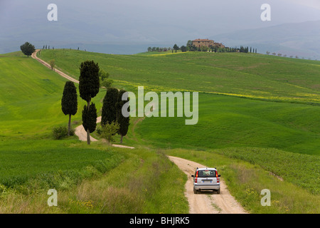 car heading towards farmhouse on winding road, Italy, Tuscany Stock Photo