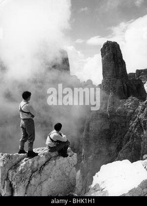 alpinism, mountain hikes, two climbers at the Brenta group, Northern Italy, circa 1960s, Stock Photo