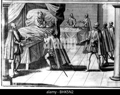 Henry III, 19.9.1551 - 2.8 1589, King of France 30.5.1574 - 2.8.1589, appointing Henry of Navarre to his successor, Saint Cloud, 2.8.1589, German copper engraving, 16th century, , Artist's Copyright has not to be cleared Stock Photo