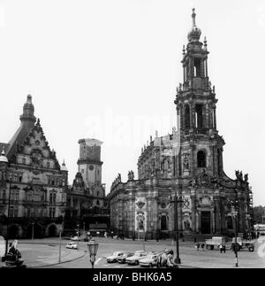 geography / travel, Germany, Saxony, Dresden, churches, Catholic Court Church (Katholische Hofkirche), built 1739 - 1755, architect: Gaetano Chiaveri, exterior view, 1974, on the left side the Georgenbau (Georgen Building) with Georgen Gate, in the background the destroyed Hausmann Tower, Stock Photo