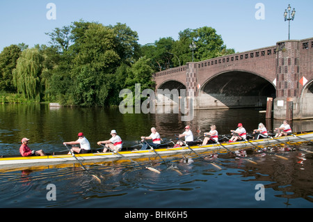 rowing boat, Krugkoppel bridge on Aussenalster, Hamburg, Germany Stock Photo
