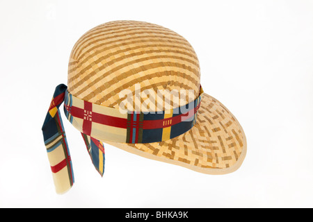 Woman's summer straw sunhat with brim and ribbon hatband isolated on white background Stock Photo