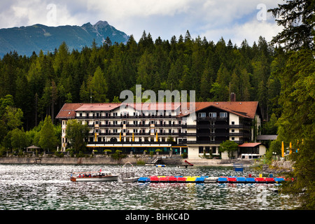 Hotel Eibsee on Eibsee Lake in the Bavarian Alps, Bavaria, Germany Stock Photo