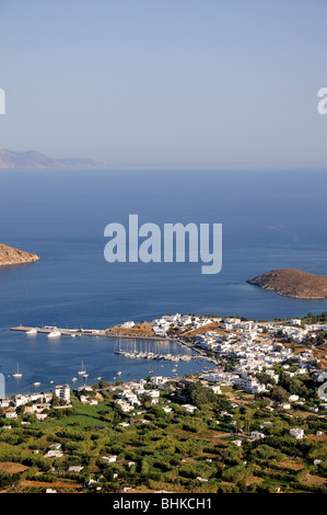 View of Livadi port from the top of Chora (main town), Serifos island, Greece Stock Photo
