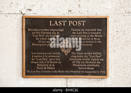 Last Post information plaque at the Menin Gate, Ypres, Belgium, Europe Stock Photo