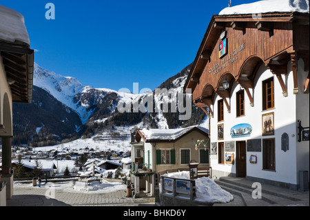 View from the centre of town towards Dolonne with the Societa delle Guide building to the right, Courmayeur, Aosta Valley, Italy Stock Photo