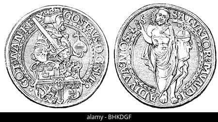Gustav I, 12.3.1496 - 29.9.1560, king of Sweden 6.6.1523 - 25.6.1560, portrait, coin, 1545, front-side and reverse, wood engraving, 19th century, Stock Photo