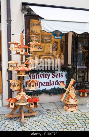 Bird boxes outside a Bavarian woodcarving shop Oberammergau, Germany, Europe Stock Photo
