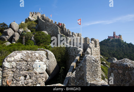 Portugal Sintra the Moorish Castle at sintra with views to Palace of Pena Stock Photo