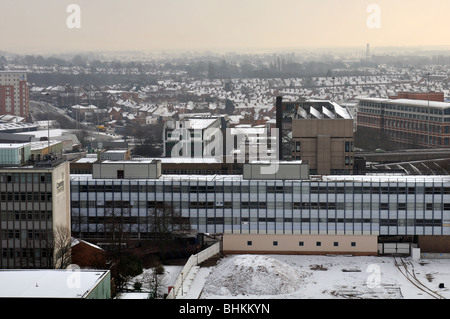 View east with snow towards suburbs from Old Cathedral tower, Coventry, England, UK Stock Photo