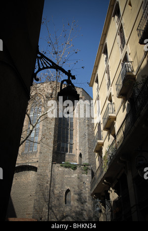 view of old street and church in the gothic district of Barcelona. Stock Photo