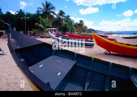 Fishing Boats Lined Up on a Beach, Aguadilla, Puerto Rico Stock Photo