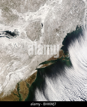 Winter snow storm over the eastern United States as seen form space. Stock Photo