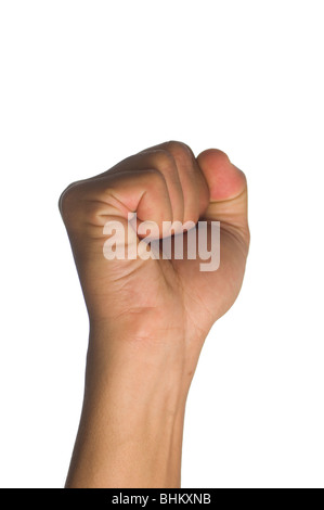 Close up of a clinched hand against a white background Stock Photo