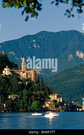 Morcote on Lake Lugano with the Church Santa Maria del Sasso Stock Photo
