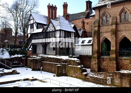 Lychgate Cottages, Priory Row, with snow, Coventry, England, UK Stock Photo