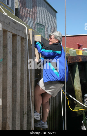 Chris Kidd climbing a vertical wharf ladder at Grand Bank, Newfoundland Stock Photo