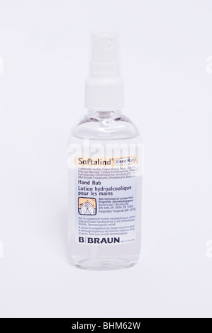 A bottle of Softalind hand rub for cleaning hands on a white background Stock Photo
