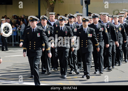 Sailors marching in uniform in the ANZAC day parade in Sydney, Australia. Uniformed sailors marching; military parade; Australia ANZAC Day; ANZACs Stock Photo