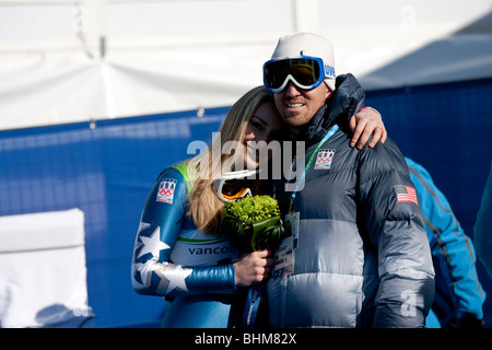 Lindsey Vonn (USA) with her husband Thomas after winning the bronze medal in the Women's Alpine Skiing Super G event at the 2010 Stock Photo