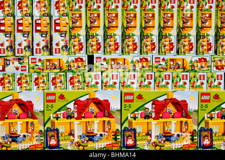 Wall of boxes with Lego toys Stock Photo