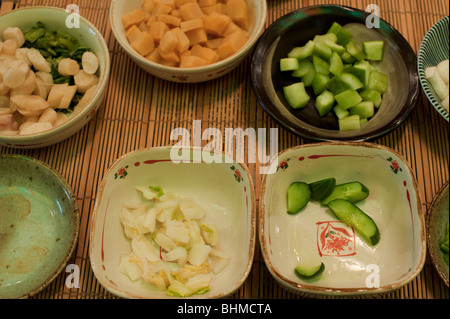 Samples of Kyoto's famous pickled vegetables (tsukemono) at the Nishiki Market, Kyoto, Japan Stock Photo