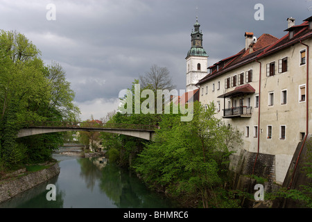 Skofja Loka,Selscica river,Church of St James,late-Gothic,1471,Slovenia Stock Photo