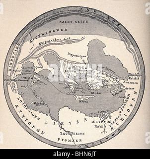 cartography, world maps, ancient world, earth map after Homer, reconstruction, 19th century, Europe, Africa, Asia, Mediterranean Ocean, Greece, Crete, Ethiopia, Libya, Phoenicia, Egypt, Lotophagi, Hyperborea, night side, day side, orientation to North, Black Sea, Colchis, historic, historical, antiquity, ancient world, Stock Photo