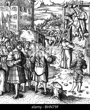 justice, penitentiary system, place of execution with gallows and wheel, woodcut by Hans Burgkmair, for 'Theuerdank' of emperor Maximilian I, 16th century, Stock Photo