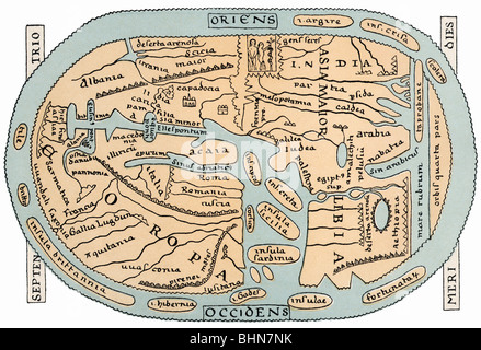 cartography, world maps, middle ages, map of Saint Sever Abbey, 11th century, rekonstruktion by Dr. Konrad Kretschmer, 19th century, Europe, Africa, Asia, orientated to East, orientation, paradise, Adam and Eve, disk, religion, India, Libya, Achaia, Mediteranean Ocean, historic, historical, medieval, Stock Photo