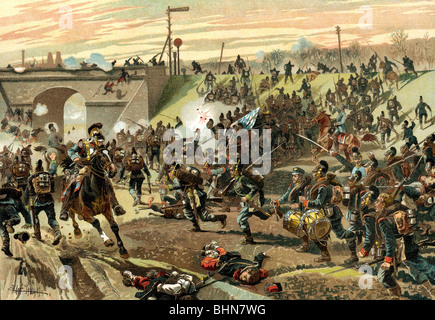 events, Franco-Prussian War 1870 - 1871, Battle of Orleans, 11.10.1870, Bavarian soldiers of I Corps storming the railroad embankment, colour lithograph after Chr. Speyer, circa 1892, Bavarians, Bavaria, Germans, Germany, France, French, dead, drummers, drummer, horseman, cuirassier, Franco - Prussian, 19th century, historic, historical, people, Stock Photo