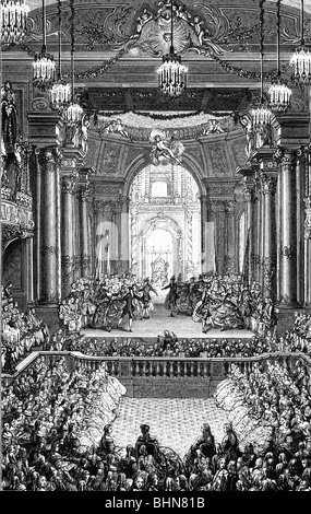 festivity, balls and society, royal ball, representation of princess of Navarra in Versailles, contemporary copper engraving, France, 18th century, historic, historical, ball, castle, theatre, orchestra, music, celebration, court society, House of Bourbon, people, Stock Photo