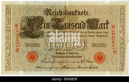 money / finance, banknotes, Germany, 1000 Mark, Reichsbank, Berlin, 21.4.1910, Stock Photo