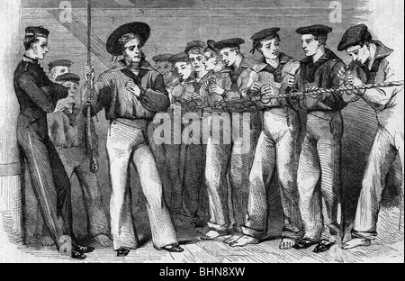 transport / transportation, navigation, life and work at sea, training of how to tie knots, on the British training ship HMS 'Britannia', wood engraving, circa 1860, Stock Photo