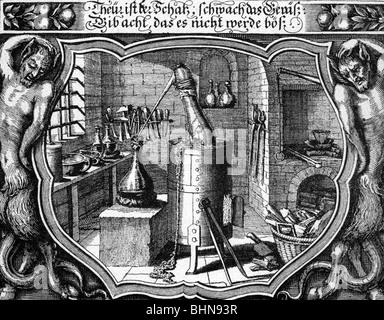 alchemy, laboratory, chemical laboratorium by Michael Küssel, copper engraving to Johann Michael Dilherr 'Heilig-epistolischer Bericht', Nuremberg, 1683, State Library of Bavaria, Stock Photo