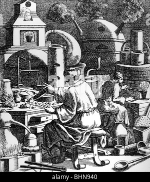 alchemy, laboratory, workshop of an alchemist in the Middle Ages, copper engraving, circa 17th century, historic, historical, alchemists, lab, laboratory, labs, laboratories, forensic science laboratory, assistant, assistants, alchemistic, alchemistical oven, tools, kitchen, medieval, people, Stock Photo