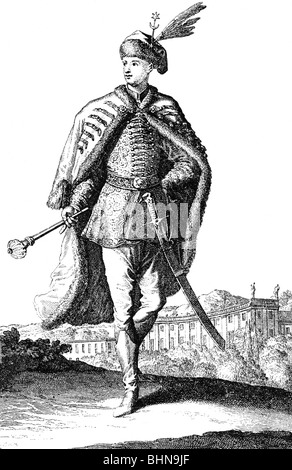 geography / travel, Hungary, people, noble man in national costume, wood engraving after copper engraving, 1703, Stock Photo
