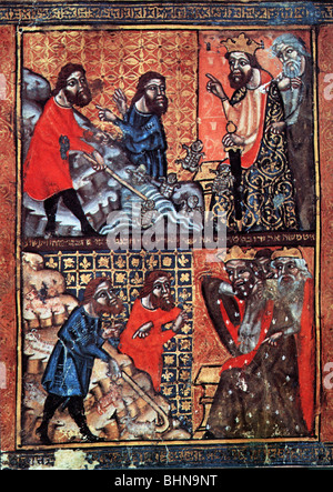 Judaism, literature, Haggada, page, scene from Talmud, Spain, 14th century, British Library London, historic, historical, the Jews, Jewry, Jewishness, religion, Agada, illustration, medieval times, Middle Ages, king, agriculture, Hebrew, Haggadah, people, Stock Photo