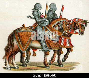 middle ages, knights, riding to tournament, coloured lithograph after woodcuts by Hans Burgkmair to 'Freydal' by emperor Maximilian I, circa 1513, Stock Photo