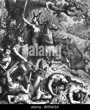 events, Cimbrian War 113 - 101 BC, Cimbri and Teutons in combat with the Romans, wood engraving after drawing by Heinrich Leutemann, 2nd half 19th century, ancient world, antiquity, Roman Empire, Germanics, 2nd century BC, historic, historical, ancient world, people, Stock Photo