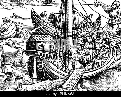 Charles V, 24.2.1500 - 21.9.1558, Holy Roman Emperor 26.10.1530 - 12.9.1556, scene, journey from the Netherlands to Spain 1516, woodcut, 1520,