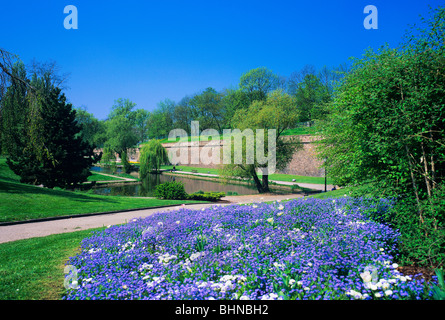 Flowerbed and Vauban ramparts,  Parc de la Citadelle, citadel park, Strasbourg, Alsace, France Stock Photo